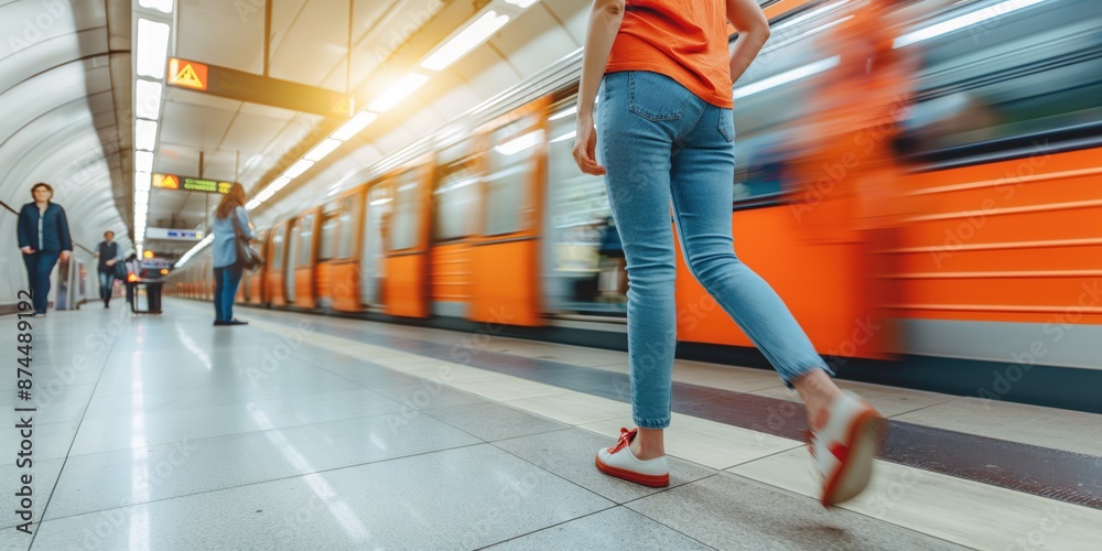 Obraz premium Close-up photo of people walking to catch the train at a station. Travel and transport rush-hour concept.
