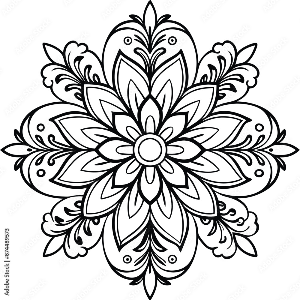 Stylized mandala with floral patterns and henna elements on a white isolated background Stylized mandala with floral patterns and henna elements on a white isolated background