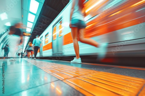 Close-up photo of people walking to catch the train at a station. Travel and transport rush-hour concept.