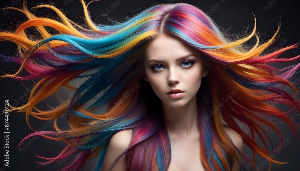 Obraz premium Creative colorful long hair style, creative mind and matellic colours explosion