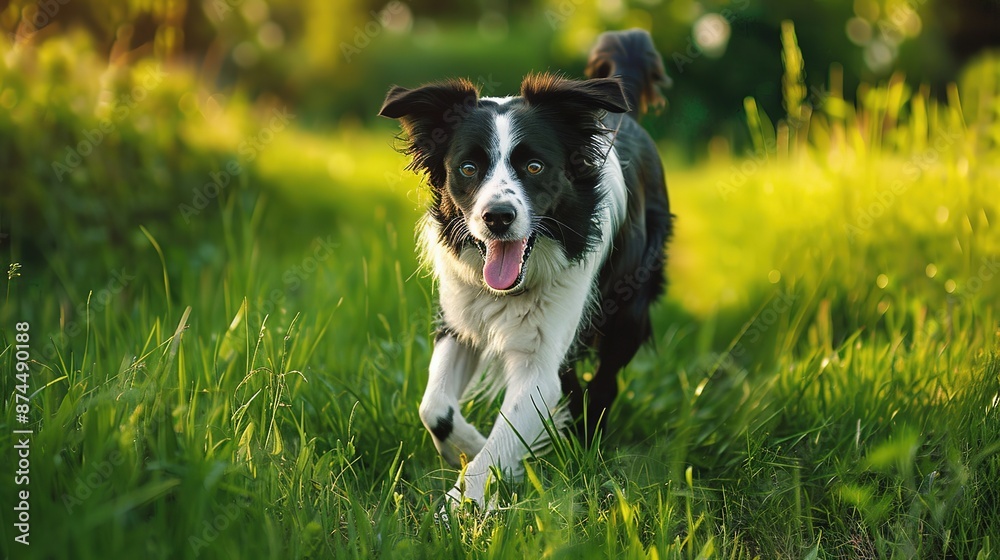 A_border_collie_dog_playing_fetch_in_a_lush_green_field_looking_at_camera A_border_collie_dog_playing_fetch_in_a_lush_green_field_looking_at_camera