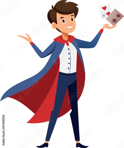 Cheerful Magician Performing Card Trick in Colorful Costume