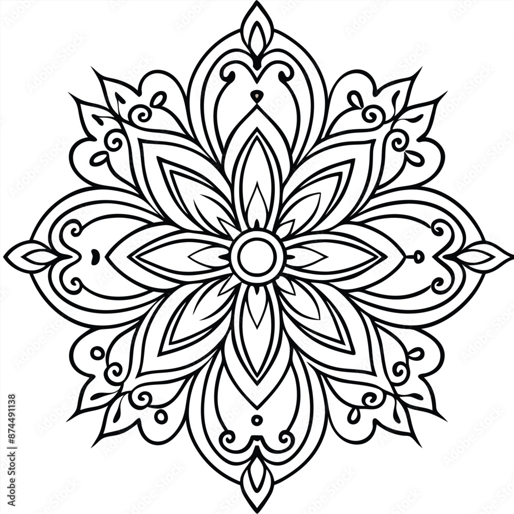 Stylized mandala with floral patterns and henna elements on a white isolated background Stylized mandala with floral patterns and henna elements on a white isolated background