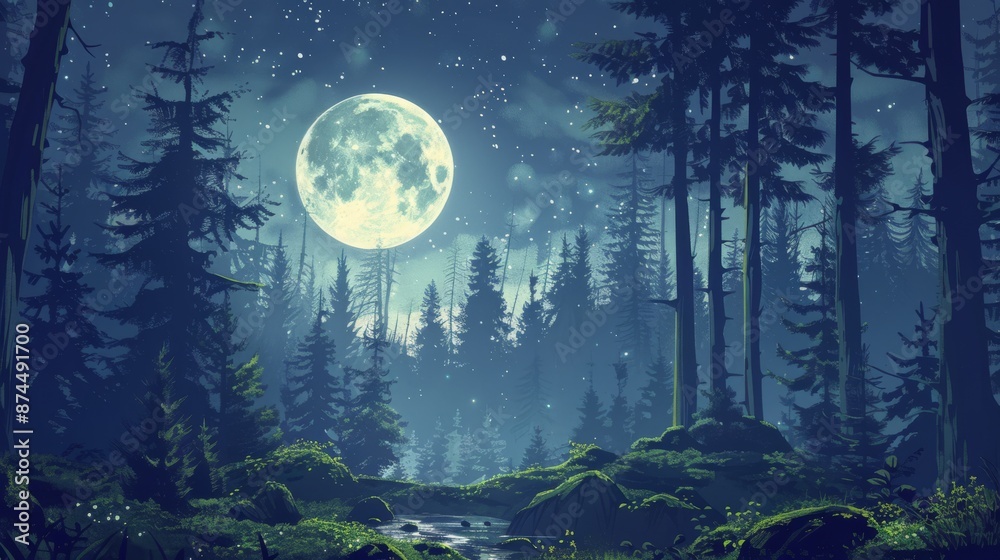 Enchanting Night Forest with Full Moon and Stars Illuminating Serene Landscape Enchanting Night Forest with Full Moon and Stars Illuminating Serene Landscape