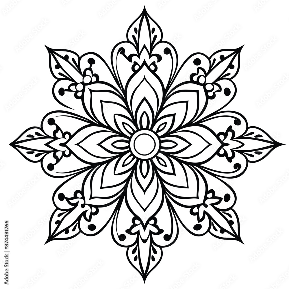 Stylized mandala with floral patterns and henna elements on a white isolated background Stylized mandala with floral patterns and henna elements on a white isolated background