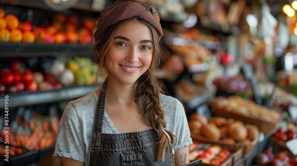 Smiling Female Employee Working at a Produce Stand