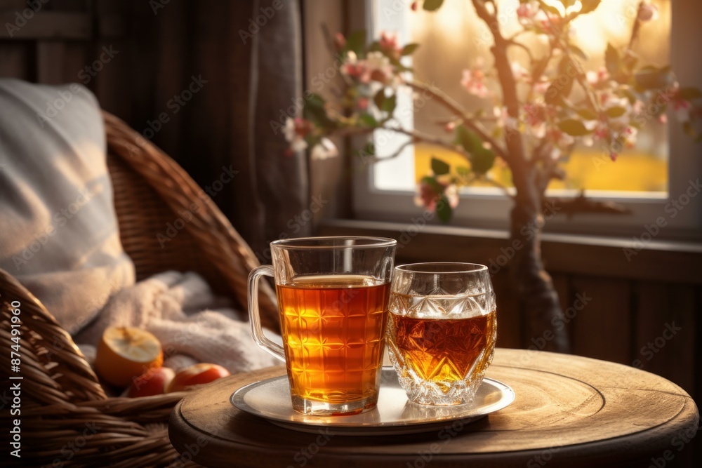 Tranquil scene of tea and whiskey on a wooden table, beside a blooming branch at golden hour Tranquil scene of tea and whiskey on a wooden table, beside a blooming branch at golden hour