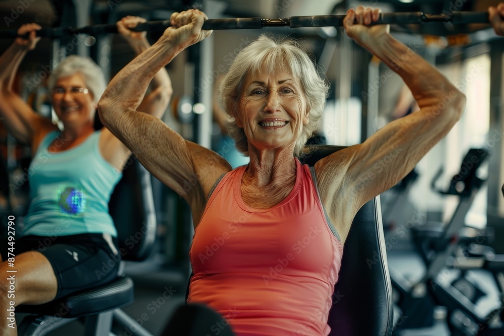 Obraz premium Happy senior people doing exercises in gym to stay fit, Generative AI