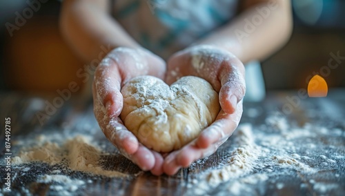 Fototapeta Naklejka Na Ścianę i Meble -  A talented baker's hands form fresh dough into a heart shape, showcasing culinary artistry and love for baking traditions. Perfect for food lovers and culinary showcases.