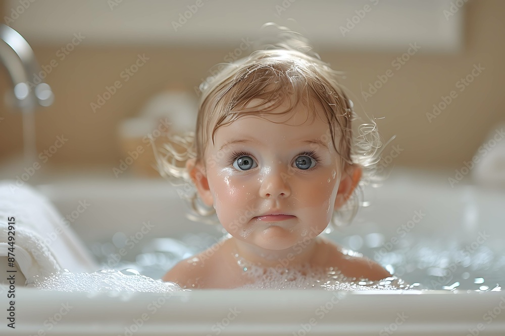 Delicate newborn's first bath moment. Delicate newborn's first bath moment.