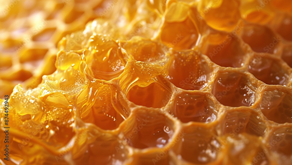 Close-up of a hyper-realistic honeycomb showcasing rich amber honey, representing nature's sweetness, perfect for culinary and health-related themes. Close-up of a hyper-realistic honeycomb showcasing rich amber honey, representing nature's sweetness, perfect for culinary and health-related themes.