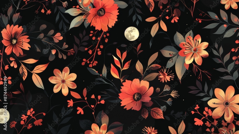 Elegant Floral Pattern with Vibrant Flowers and Moon on Black Background Elegant Floral Pattern with Vibrant Flowers and Moon on Black Background