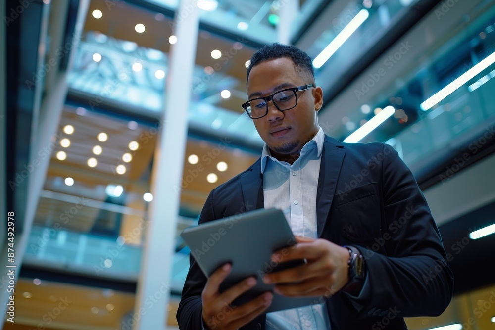 Young man using technology, digital tablet in corporate business office, Generative AI Young man using technology, digital tablet in corporate business office, Generative AI