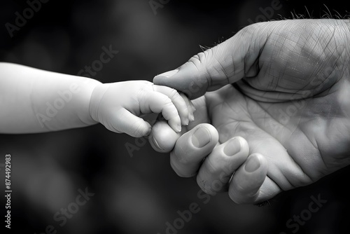 Baby's delicate hand holds parent's finger.