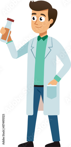 Cartoon Scientist Holding Lab Flask Isolated on White Background