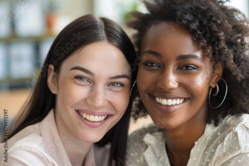 Happy multiethnic smiling business women working together in office, Generative AI