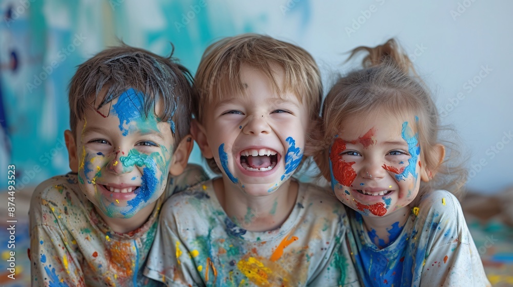 Two joyful children playfully splashing paint with their pet dog, embodying the carefree spirit of childhood and the bond between kids and pets. Two joyful children playfully splashing paint with their pet dog, embodying the carefree spirit of childhood and the bond between kids and pets.