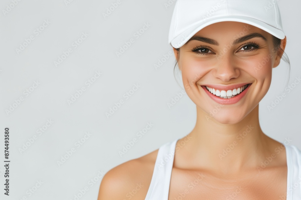 Radiant Young Woman with White Cap Smiling on Neutral Background Radiant Young Woman with White Cap Smiling on Neutral Background