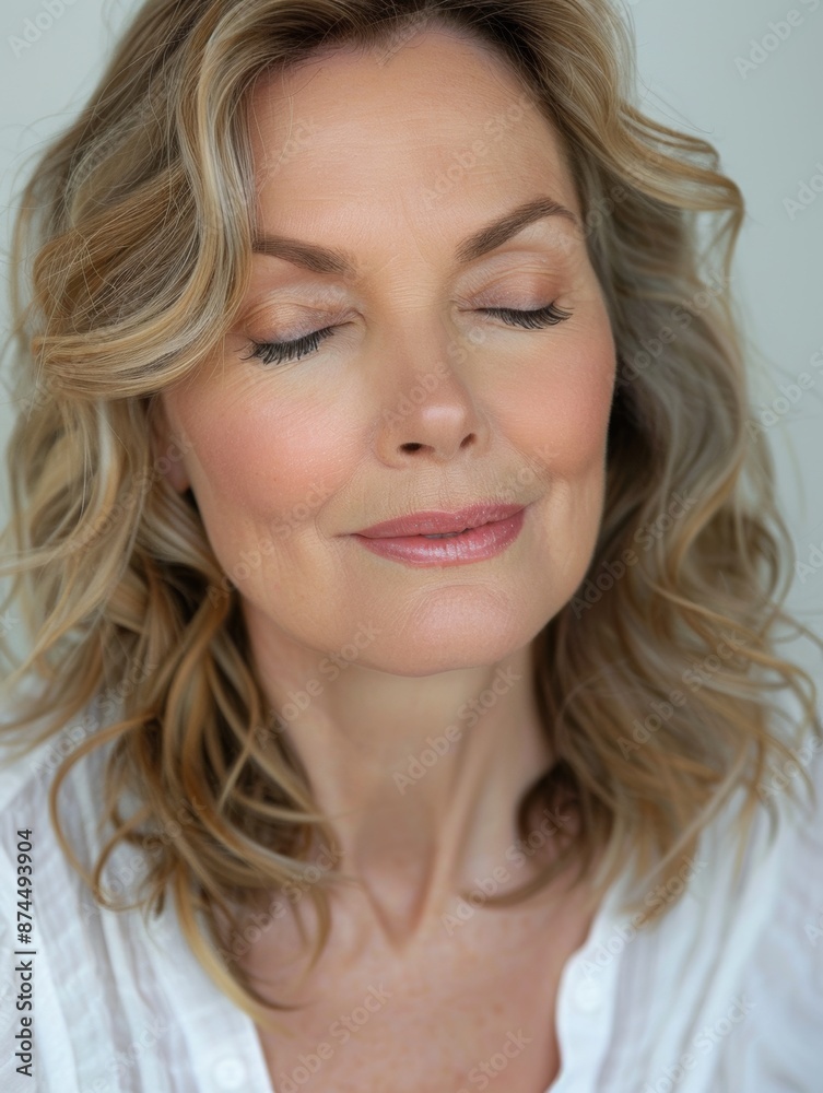 Peaceful woman with closed eyes and wavy blonde hair in white top Peaceful woman with closed eyes and wavy blonde hair in white top