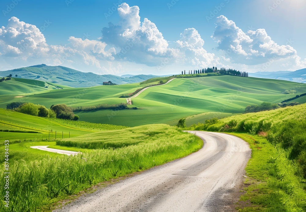 Beautiful green landscape with a path, rolling hills and a blue sky in summer Beautiful green landscape with a path, rolling hills and a blue sky in summer