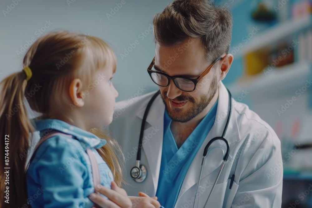Young male pediatrician doctor examining child at office. Healthcare prevention exam people concept, Generative AI Young male pediatrician doctor examining child at office. Healthcare prevention exam people concept, Generative AI