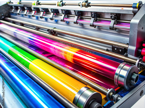 Close-up of modern industrial printing machine with vibrant colorful inks and metallic components, showcasing high-speed printing process with precision and accuracy. photo