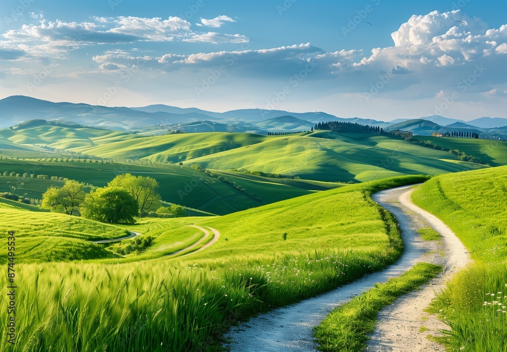 Obraz premium Beautiful green landscape with a path, rolling hills and a blue sky in summer