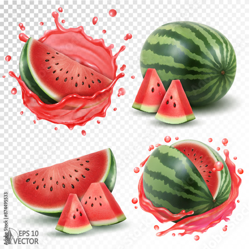 Watermelon set, whole and slices fruits isolated on a white background. Realistic transparent splash of fresh natural juice, summer drinks concept. 3D food illustration, advertising design