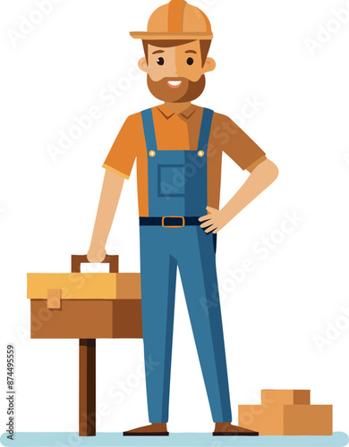 Cartoon Construction Worker with Toolbox and Hard Hat