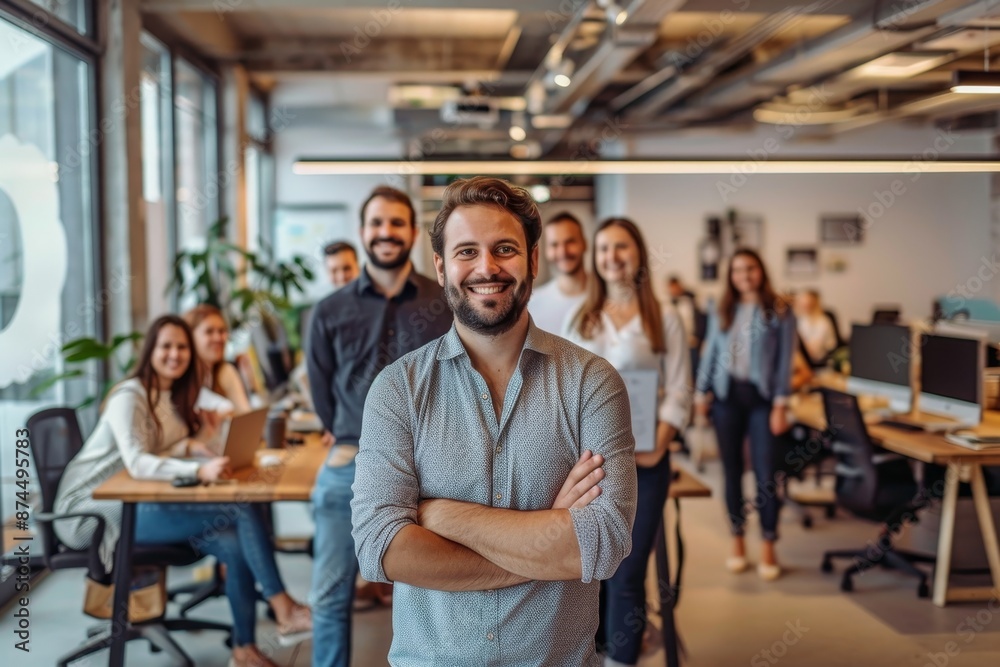 Successful company with happy employees in modern office, Generative AI Successful company with happy employees in modern office, Generative AI