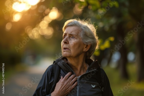 Senior woman with chest pain suffering from heart attack during jogging, Generative AI