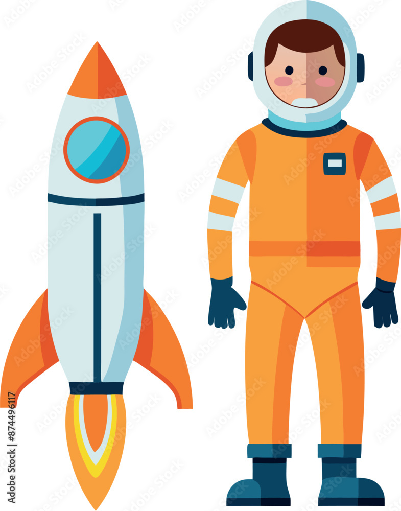 Cartoon Astronaut Standing Beside Rocket Illustration