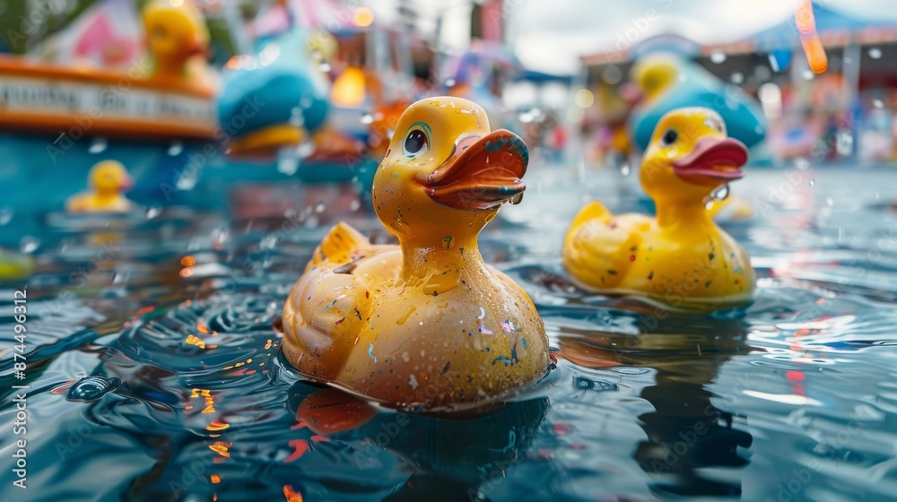 close up of duck toys in a pile in water at a carnival. background image of toys in a pile close up of duck toys in a pile in water at a carnival. background image of toys in a pile