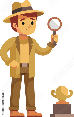 Cartoon Explorer Holding Magnifying Glass Near Trophy