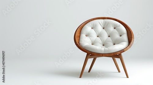   White chair with wooden frame and buttoned back sits on white floor White wall in background photo