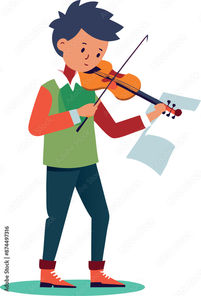 Child Playing Violin with Music Sheets in Background Child Playing Violin with Music Sheets in Background