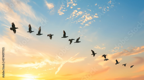 Flock of birds flying against a sunset sky