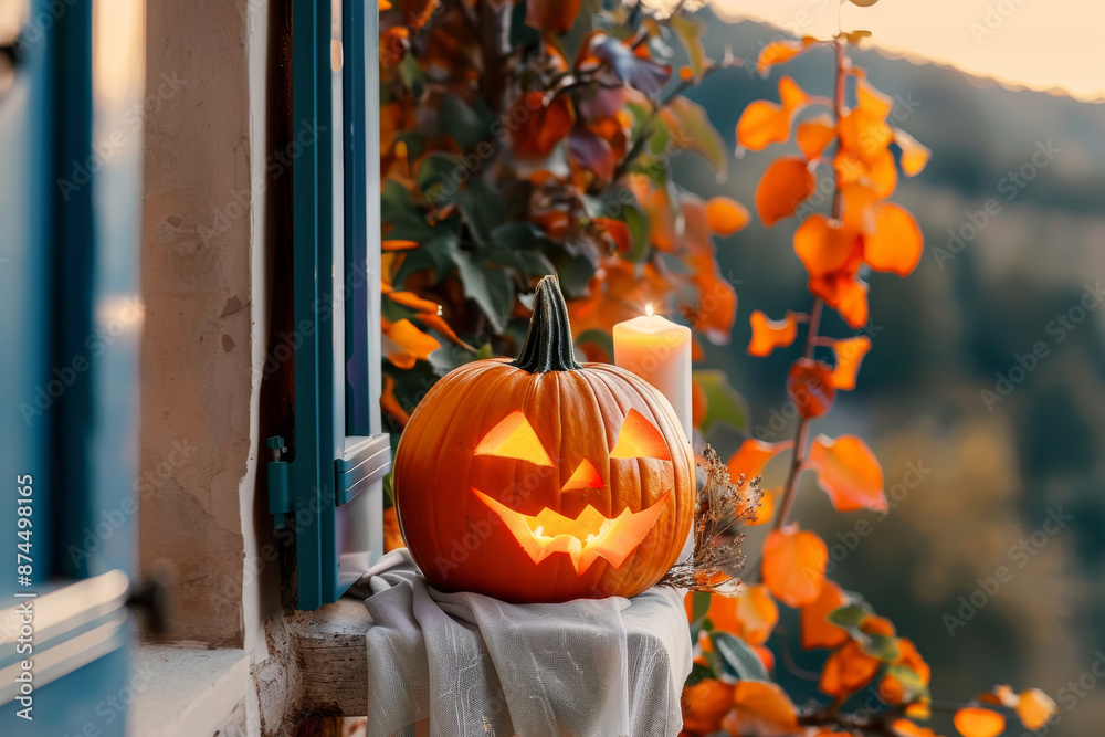 Obraz premium Halloween Background with Pumpkins. Halloween-themed background with glowing jack-o'-lanterns