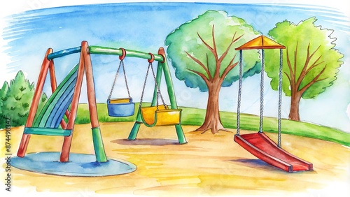 Vibrant swings, slides, and colorful playground equipment stand empty in a sunny park, conveying a sense of joy and excitement awaiting happy children's arrival. photo