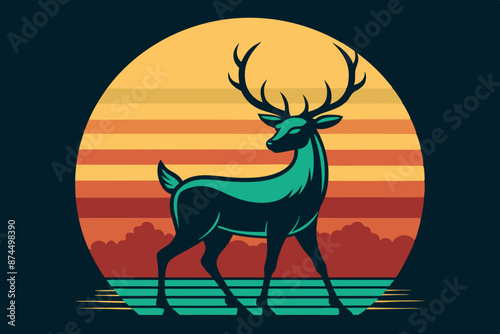 vintage retro striped sunset graphics with Abstract Colorful Ornament Doodle Art Deer Illustration Cartoon Concept Vector © Ishraq
