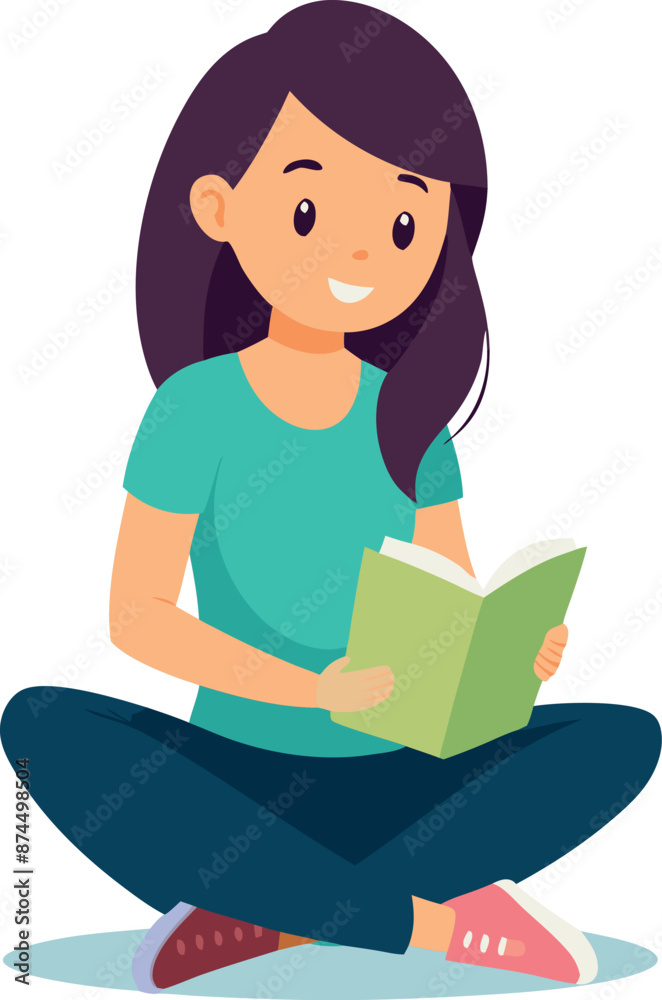 Happy Girl Reading a Book While Sitting Cross Legged Happy Girl Reading a Book While Sitting Cross Legged