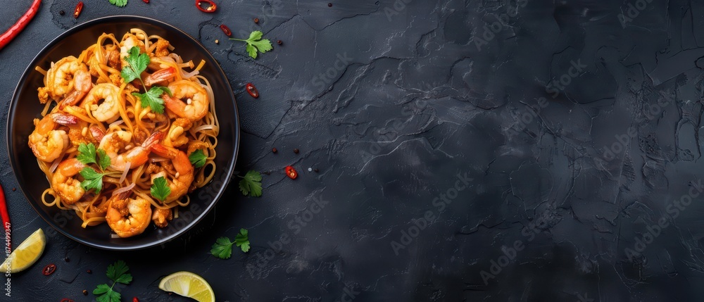 A captivating explosion of Thai culinary delights including Pad Thai with copy space A captivating explosion of Thai culinary delights including Pad Thai with copy space