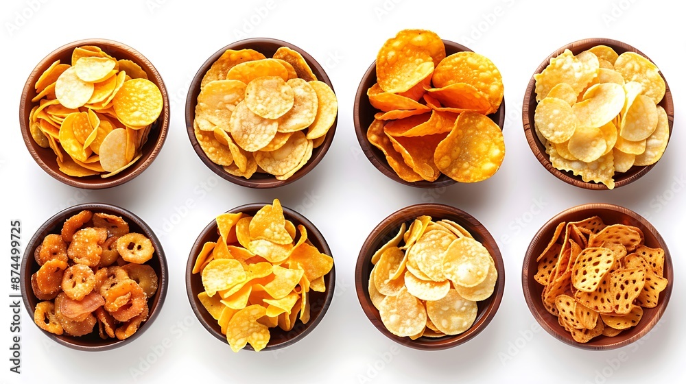 Various flavored potato chips in bowls isolated on a white background Various flavored potato chips in bowls isolated on a white background