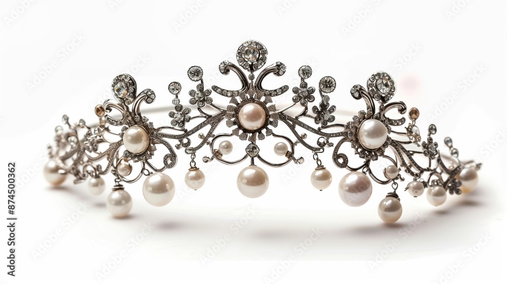 Brides tiara with pearls and gemstones, isolated on a white background, showcasing intricate details Brides tiara with pearls and gemstones, isolated on a white background, showcasing intricate details