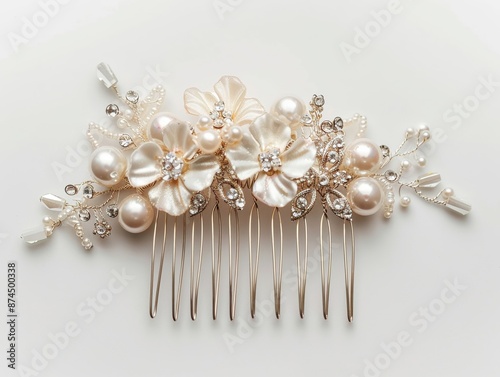 Brides hair comb with pearls and crystals, isolated on a white background, emphasizing the intricate details © พรวิศนุ เรืองยุทธศาส