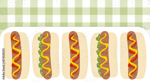 Hot dogs on a picnic table in a row, in a cut paper style with textures
