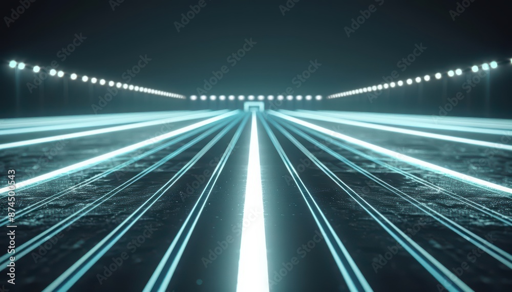 A futuristic football field with glowing lines and hovering goals creates a surreal match setting, with copy space A futuristic football field with glowing lines and hovering goals creates a surreal match setting, with copy space