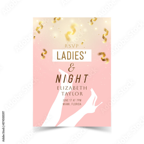Party invitation poster ladies night. Womens day party. Ladies night flyer or banner design. Vector illustration in shiny golden tones.