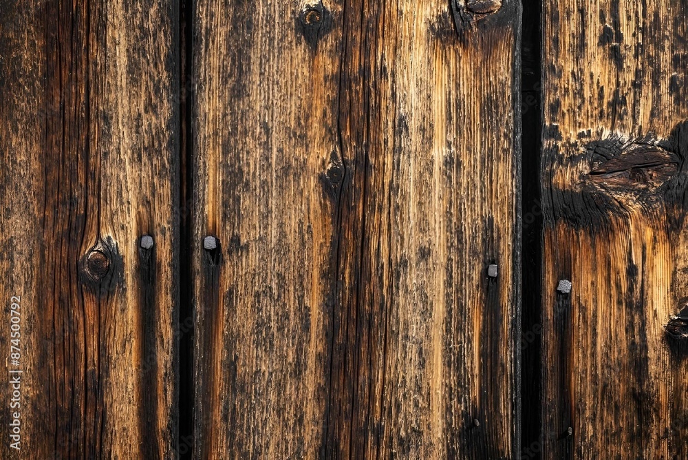 Naklejka premium Close-up of weathered wooden planks with visible grain and texture.