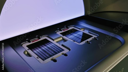 DNA sequencer. Gloved hand is handling flow cell with multiple lanes for DNA samples placed inside sequencer, prepared for sequencing. High-tech laboratory environment, genetic analysis and research